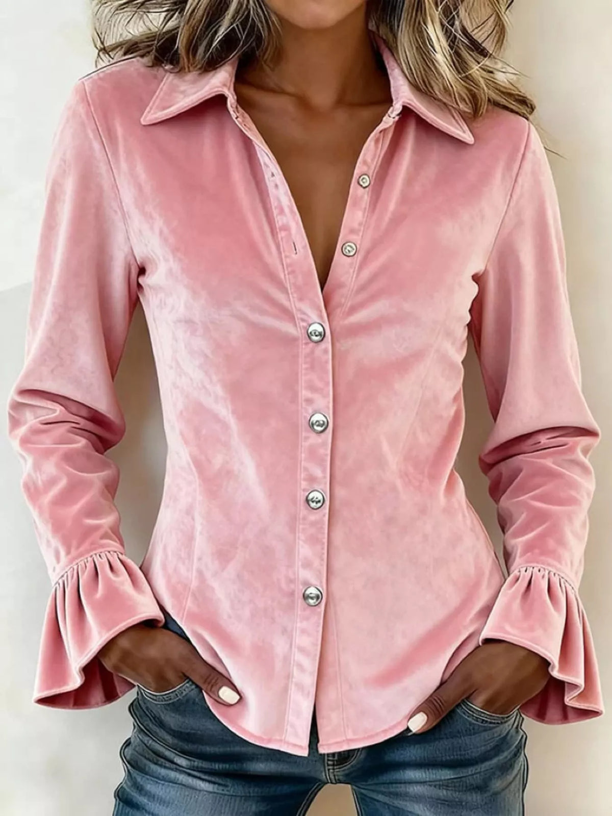 Velvet Button-Down Flounce Sleeve Shirt - Pink - View 1