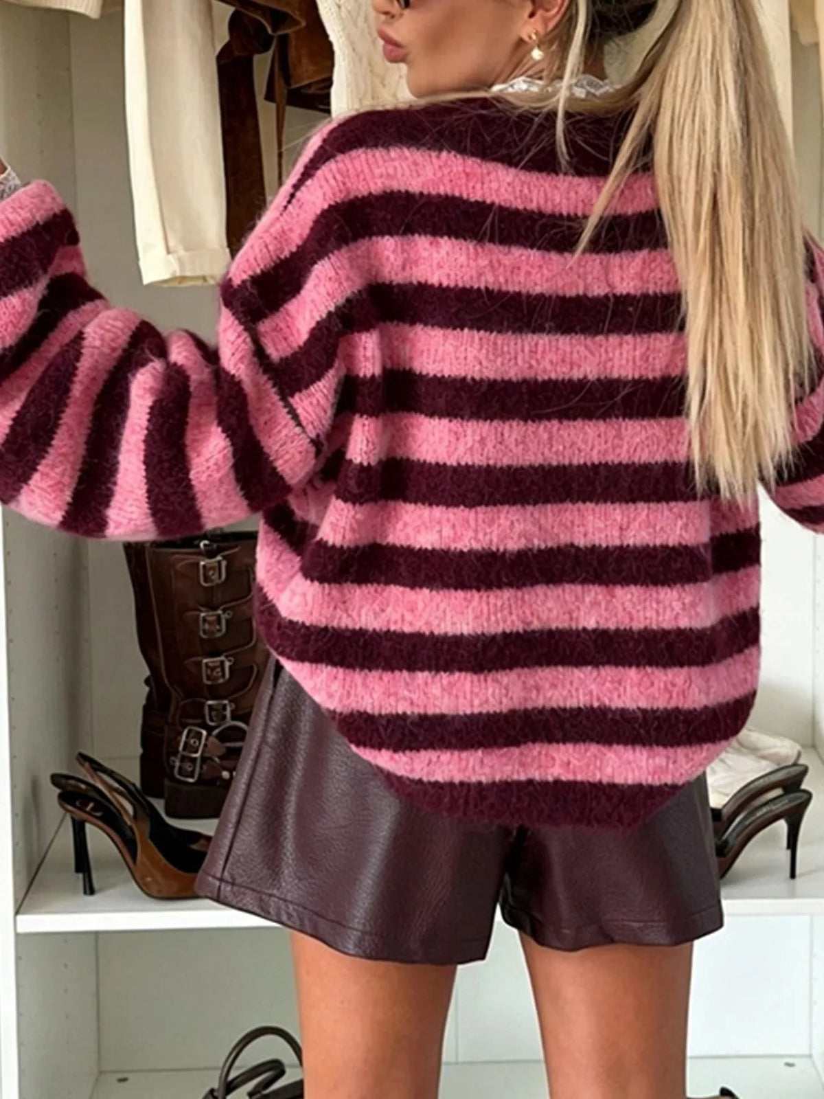 Striped Dropped Shoulder Sweater - Coffee Brown - View 5