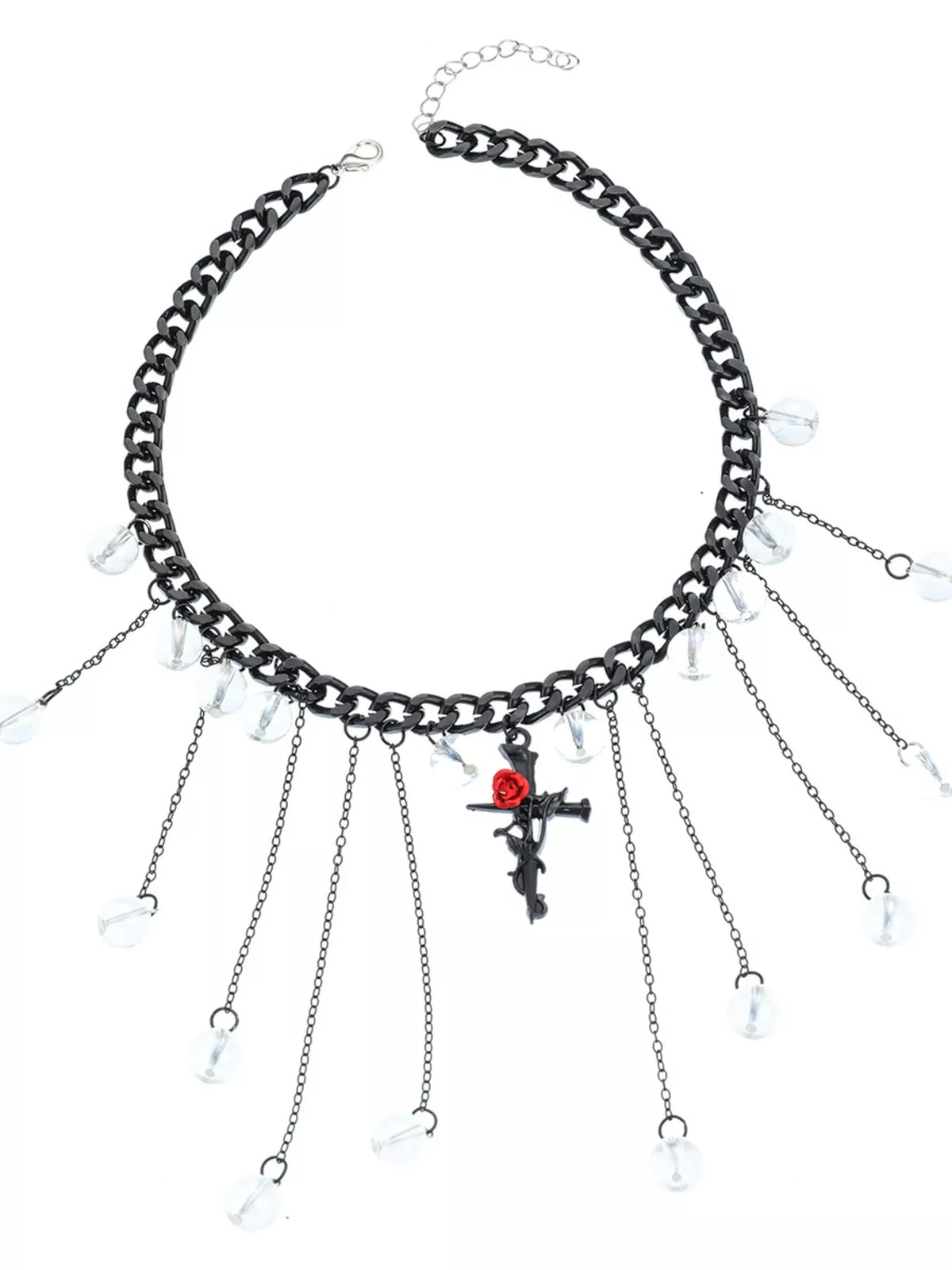 Gothic Rose Cross Dangle Necklace - Black - View 5