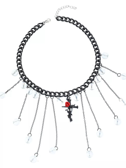 Gothic Rose Cross Dangle Necklace - Black - View 5
