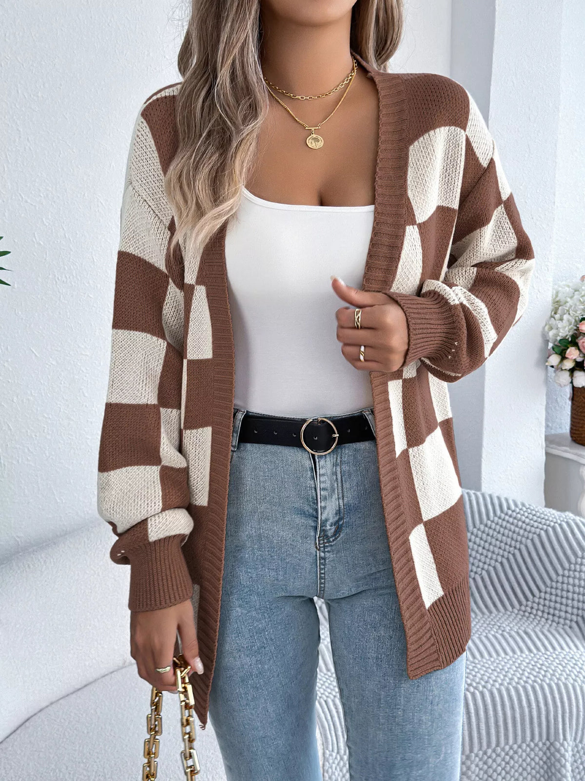 Checkerboard Pattern Open Front Knit Cardigan - Taupe - View 2