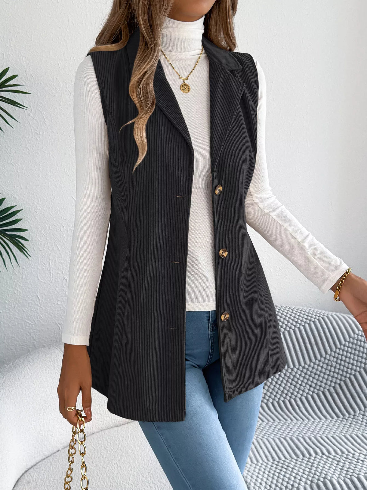 Button-Front Longline Vest Coat - Black - View 12