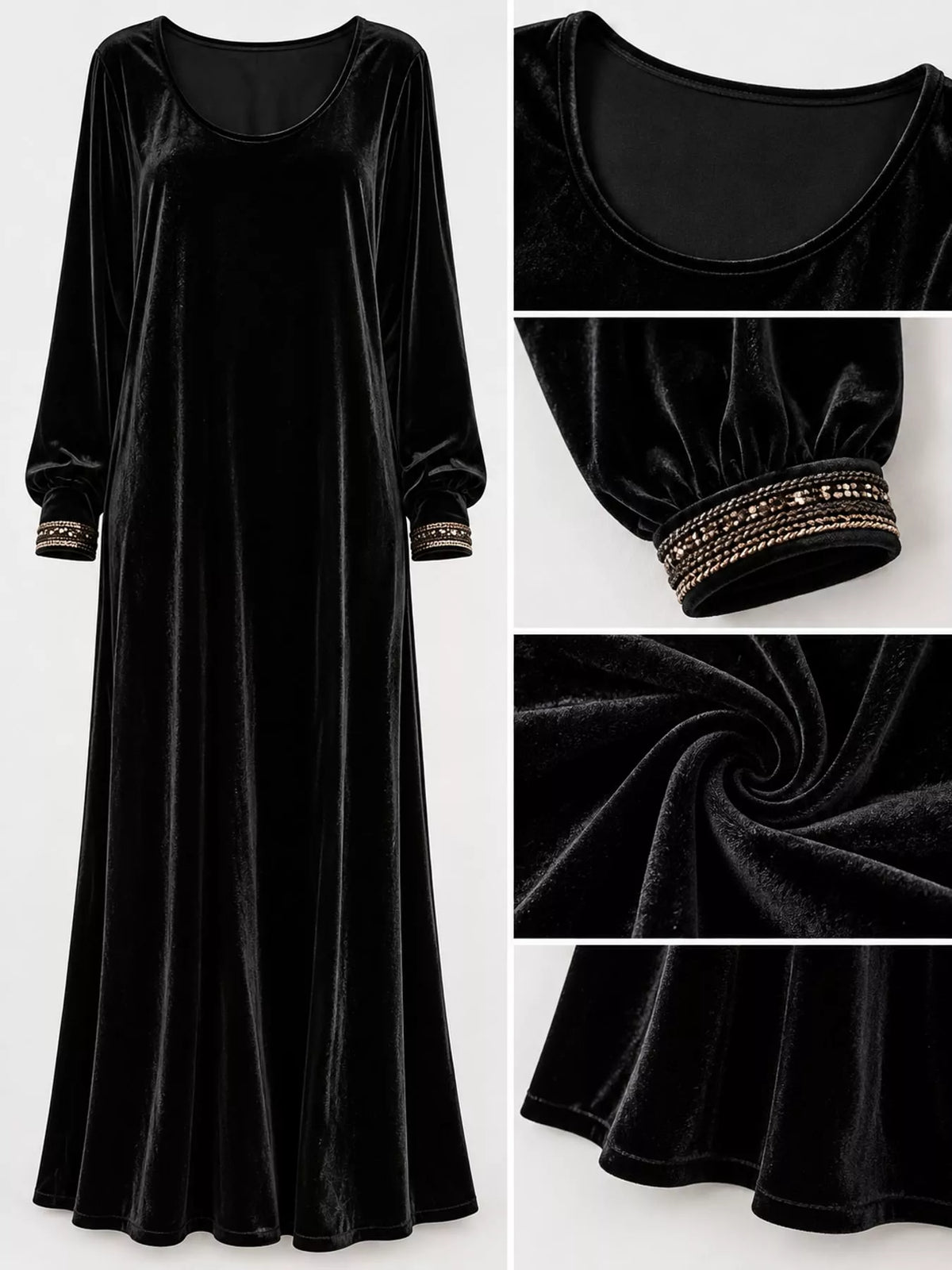Velvet Long-Sleeve Maxi Dress - Black - View 10