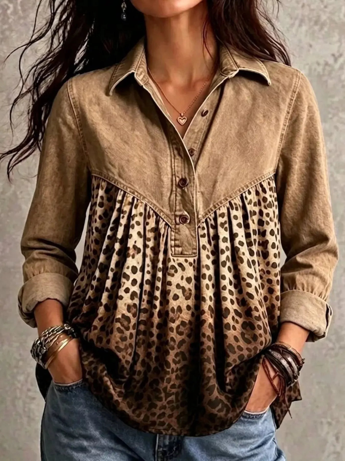 Full Size Leopard Button Detail Blouse Plus Size - Camel - View 1
