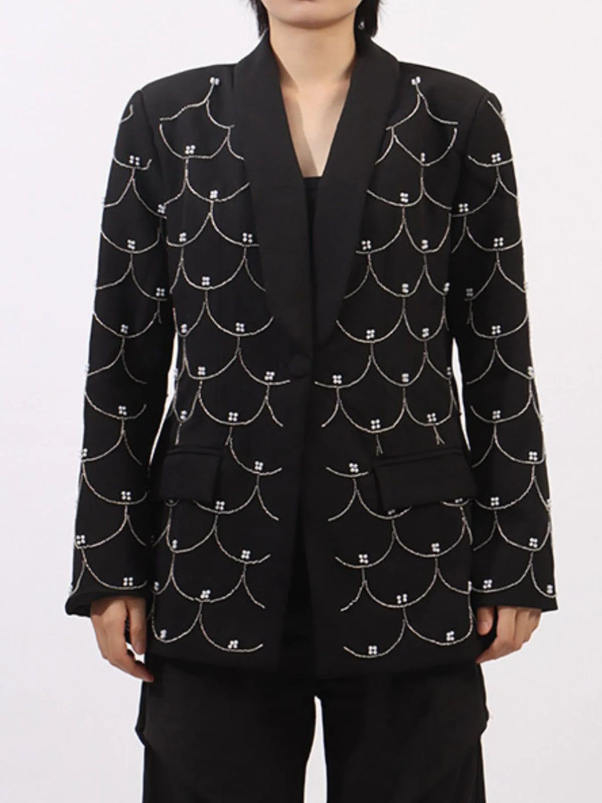 Pearl Detail Long Sleeve Blazer - Black - View 5