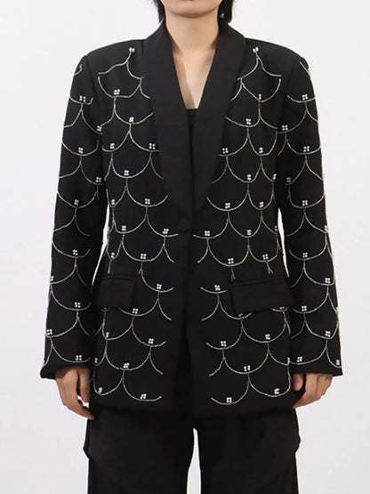 Pearl Detail Long Sleeve Blazer - Black - View 5