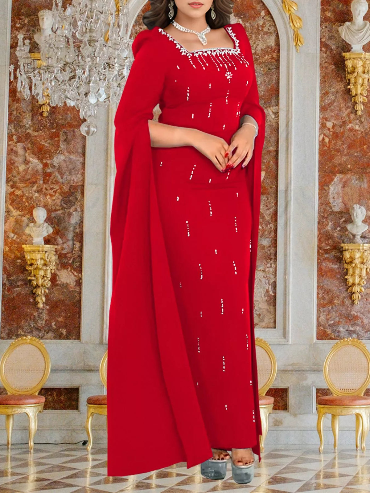 Rhinestone Square Neck Slit Sleeve Maxi Dress - Red - View 1