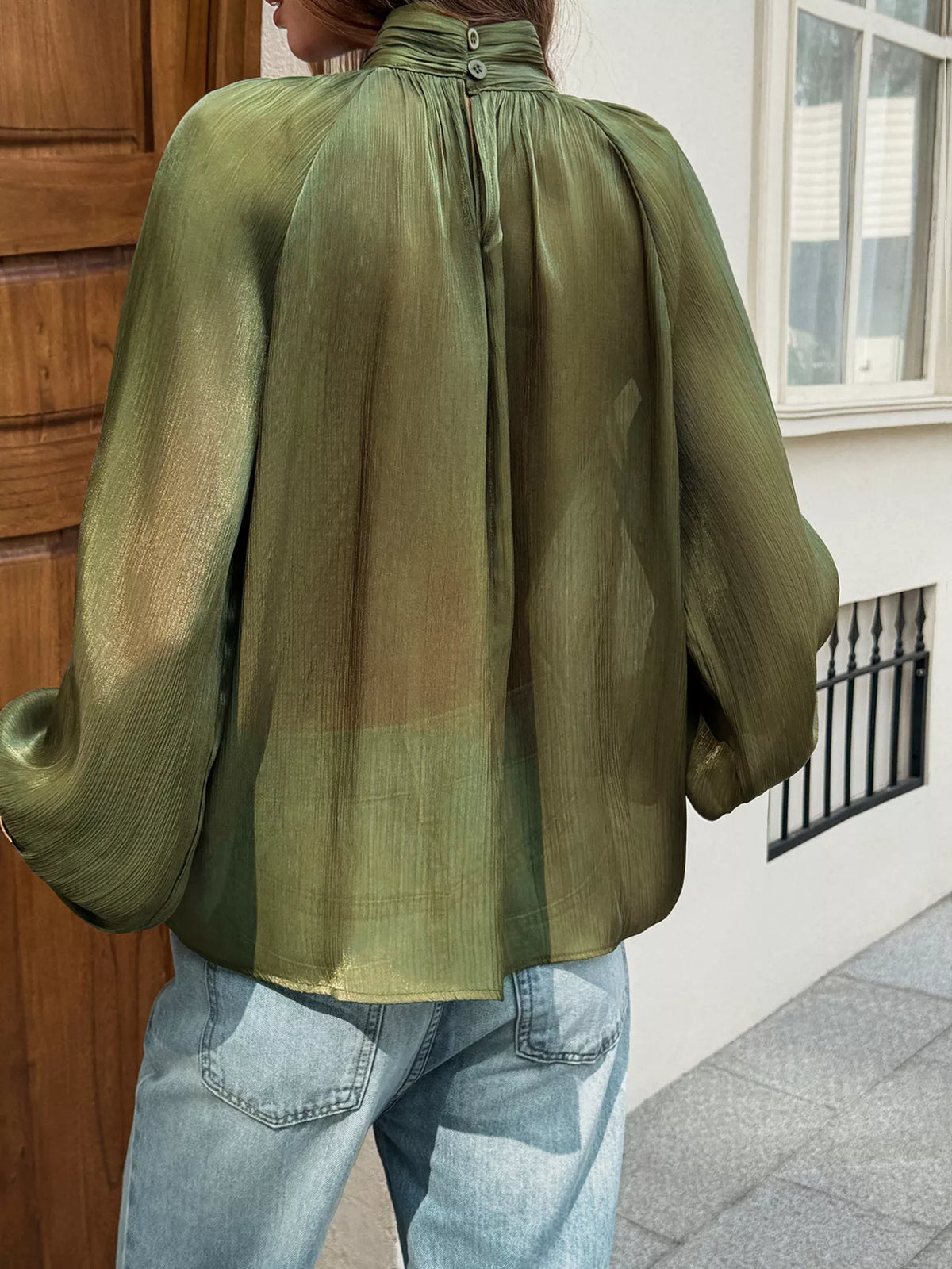 Mock Neck Lantern Sleeves Blouse - Green - View 3
