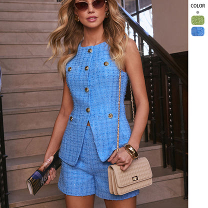 Sleeveless Tweed Vest and Textured Shorts Two-Piece Set for Women