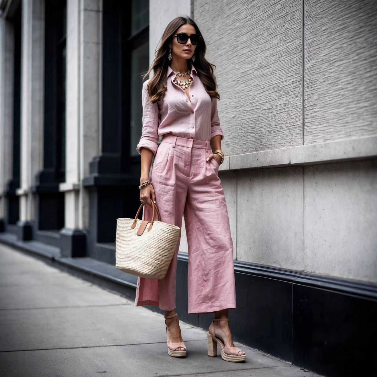 Women's Summer Fashion Simple Long Sleeve Top with Loose Wide Leg Pants Set