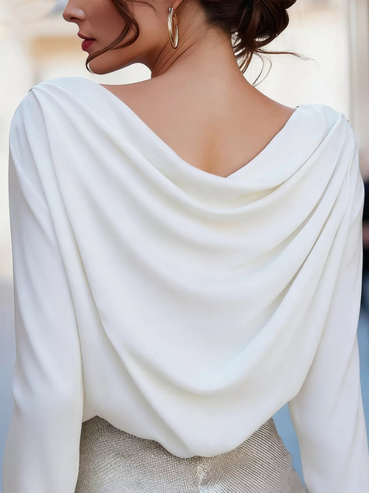 Cowl Neck Long Sleeve Blouse - White - View 2