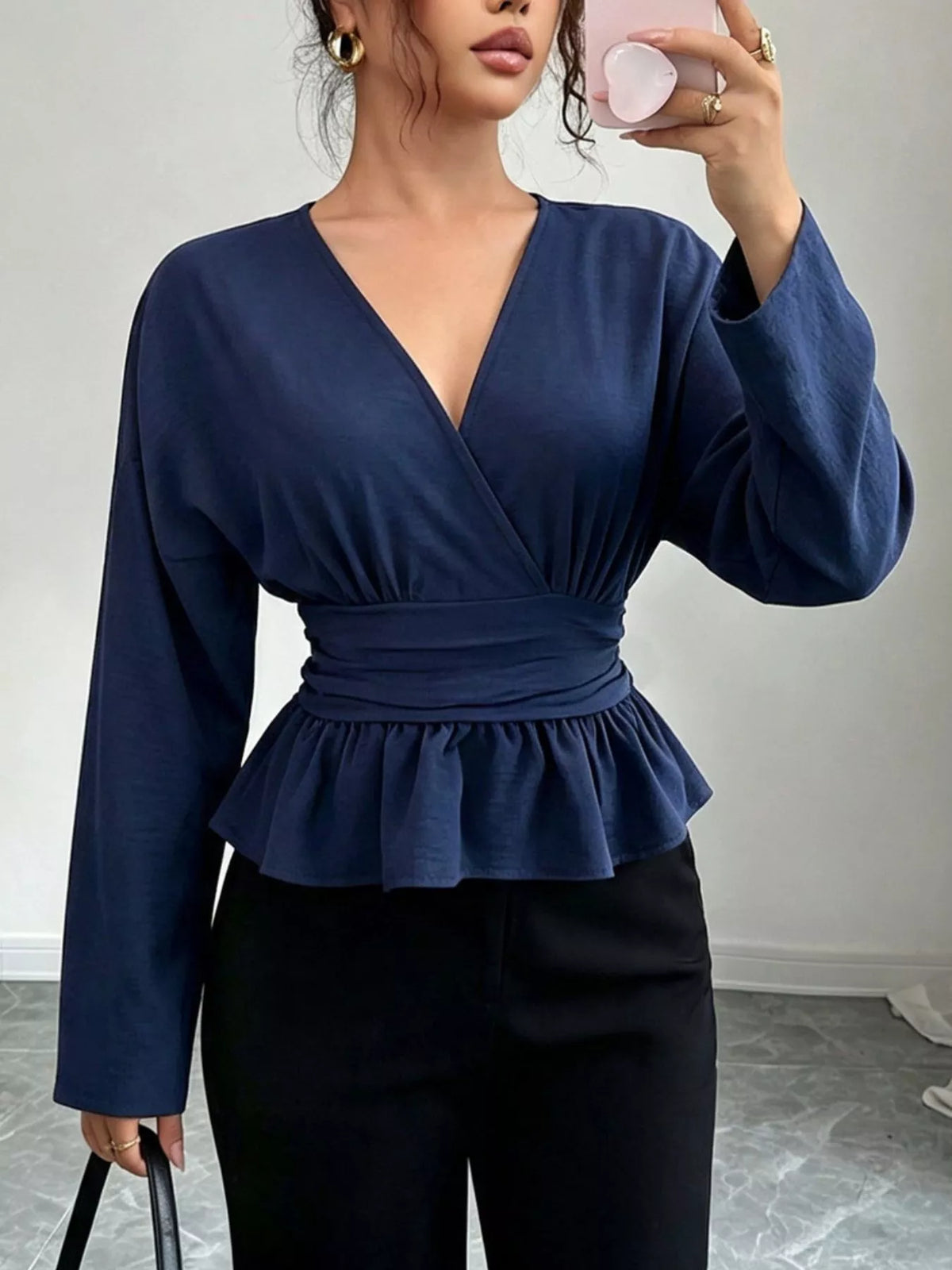 Surplice Long Sleeve Wrap Blouse - Dark Blue - View 1