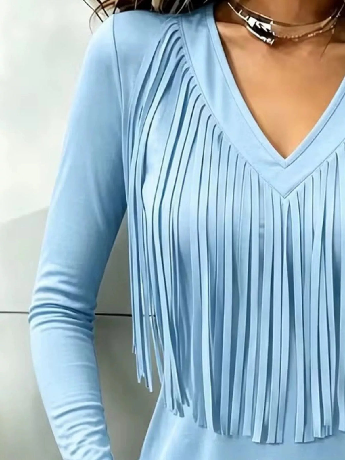 Fringe V-Neck Long Sleeve T-Shirt - Sky Blue - View 2