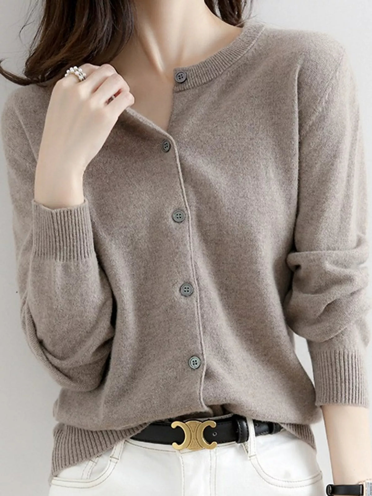 Crew-Neck Button-Down Cardigan - Dark Camel - View 49