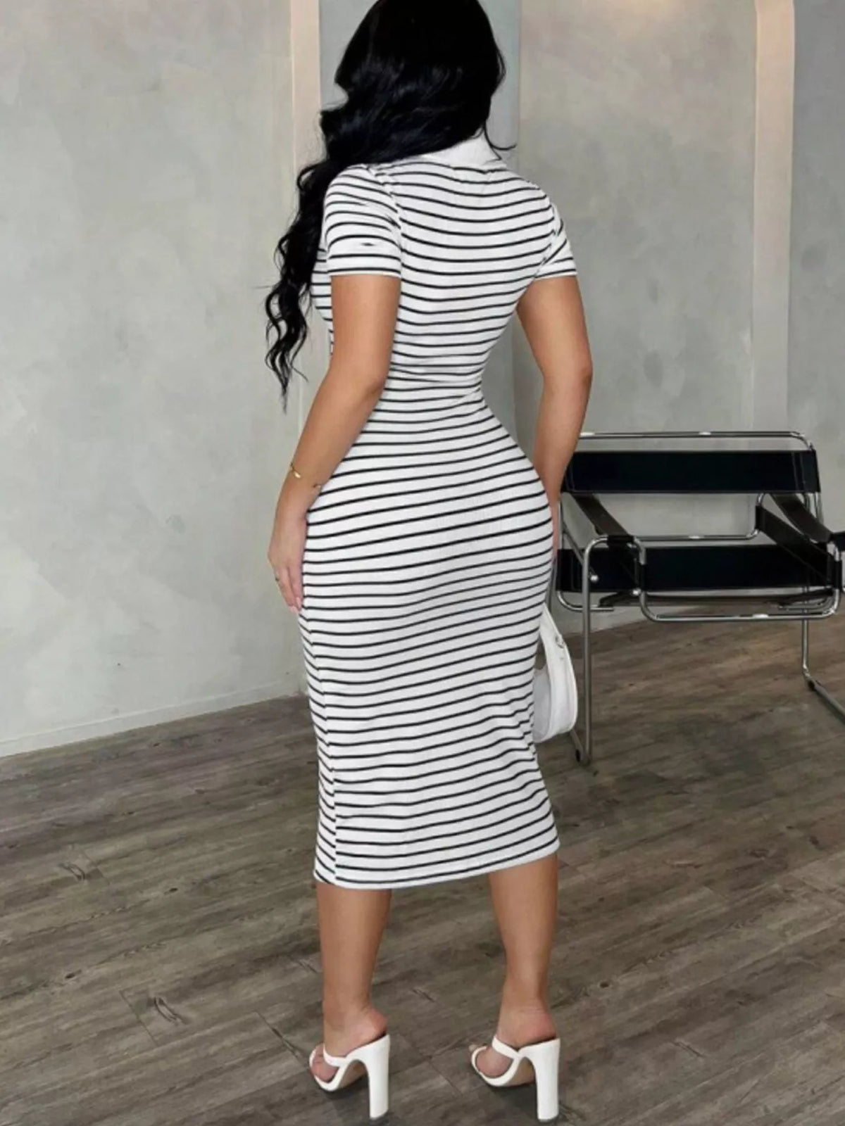 Striped Short Sleeve Bodycon Midi Dress - White - View 5