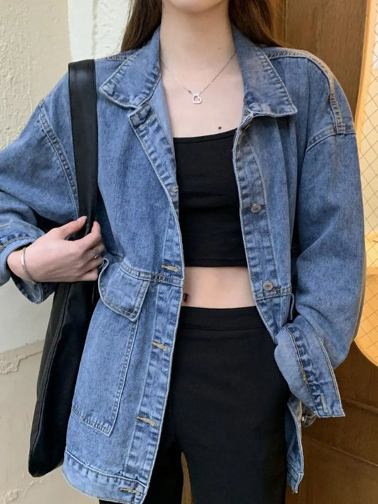Oversized Wash Denim Jacket with Utility Pockets - Blue - View 2