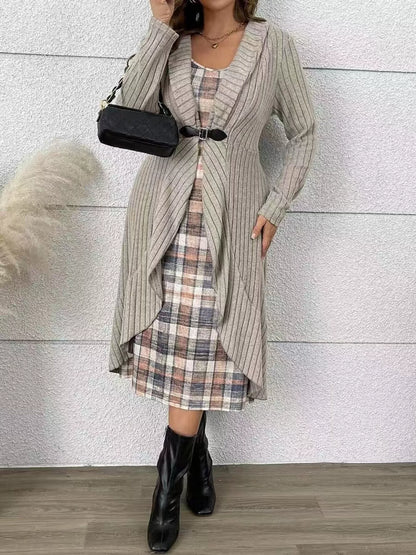 Full Size Ribbed Knit Cardigan and Plaid Dress Two-Piece Set Plus Size - Light Gray - View 2