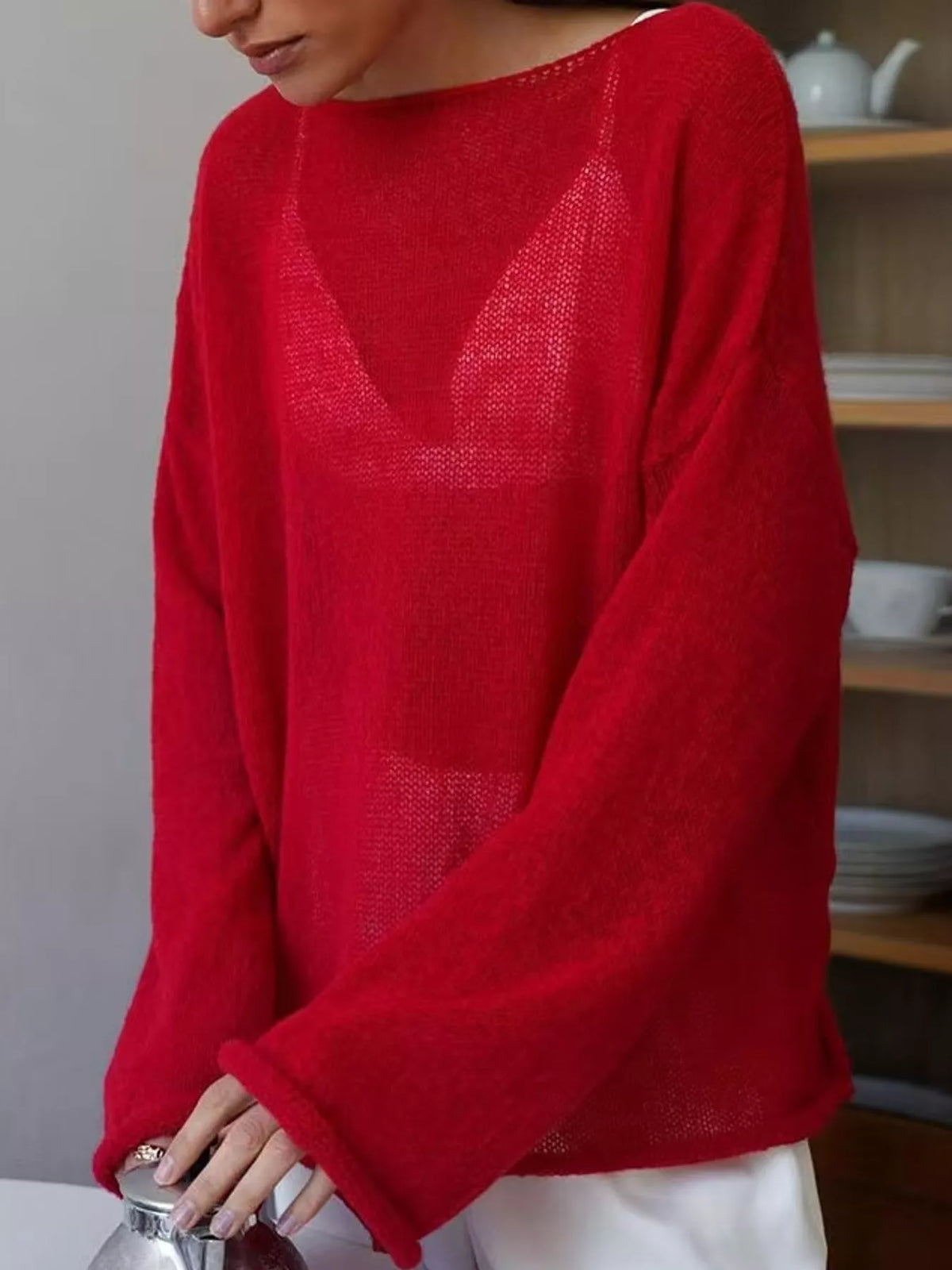 Full Size Sheer Lightweight Knit Top Plus Size - Red - View 9