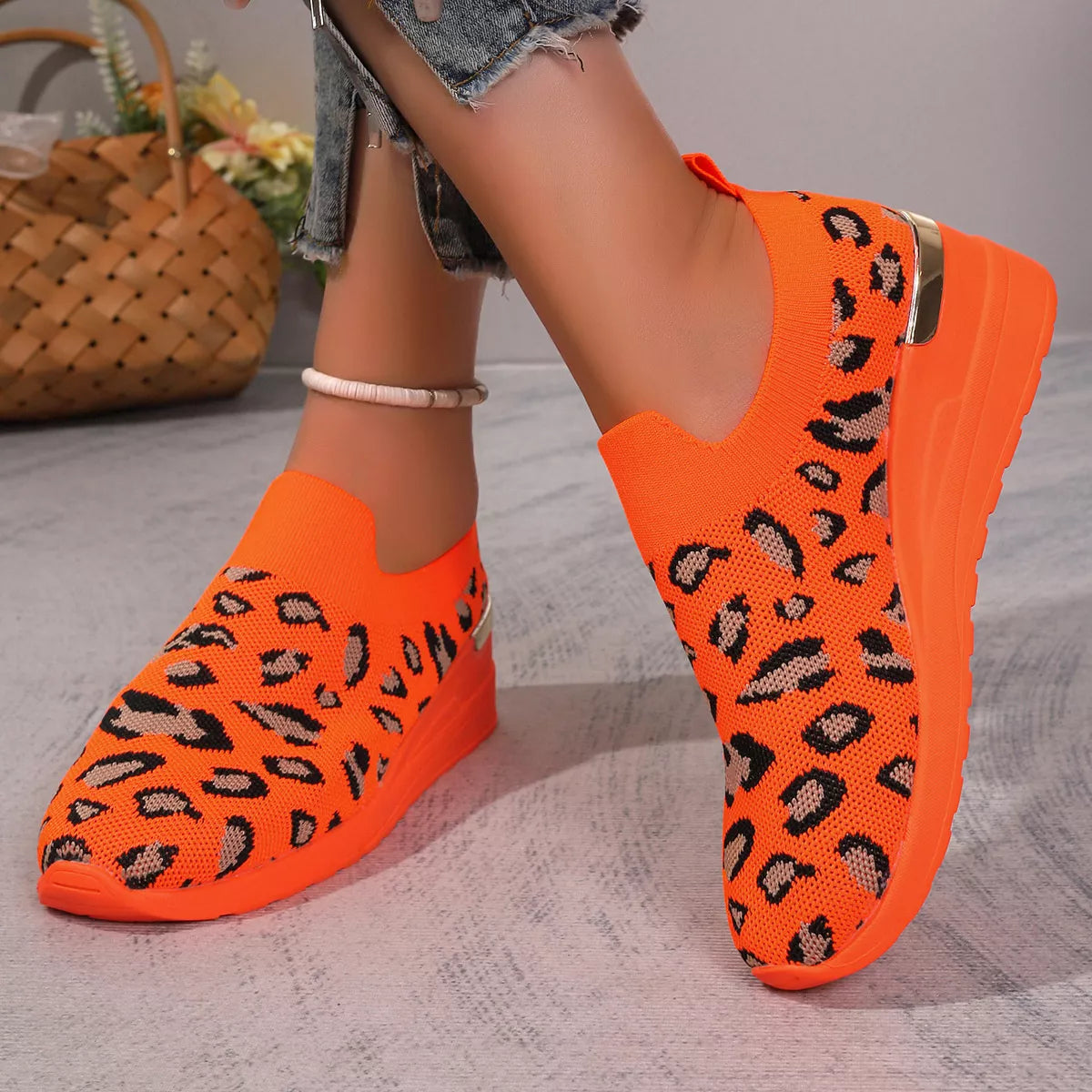 Mesh Round Toe Wedge Athletic Sneakers - Orange Leopard Print - View 8
