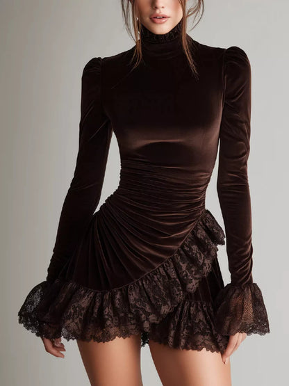 Velvet Mock Neck Mini Dress with Lace Ruffle Trim - Brown - View 1