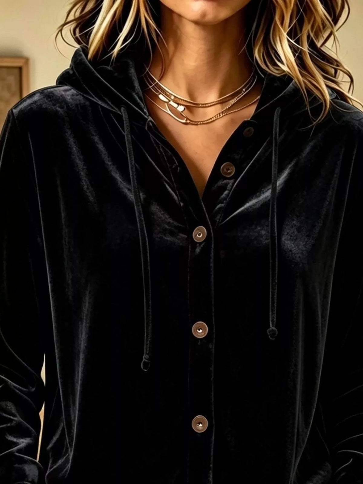 Full Size Velvet Button-Down Hooded Top Plus Size - Black - View 2