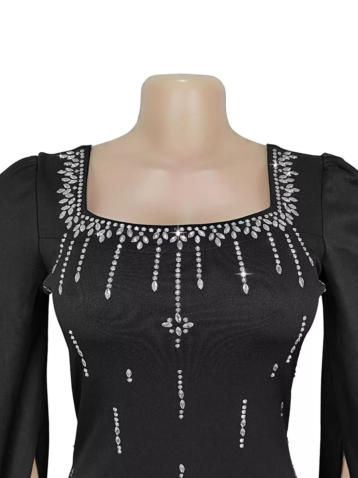 Rhinestone Square Neck Slit Sleeve Maxi Dress - Black - View 7