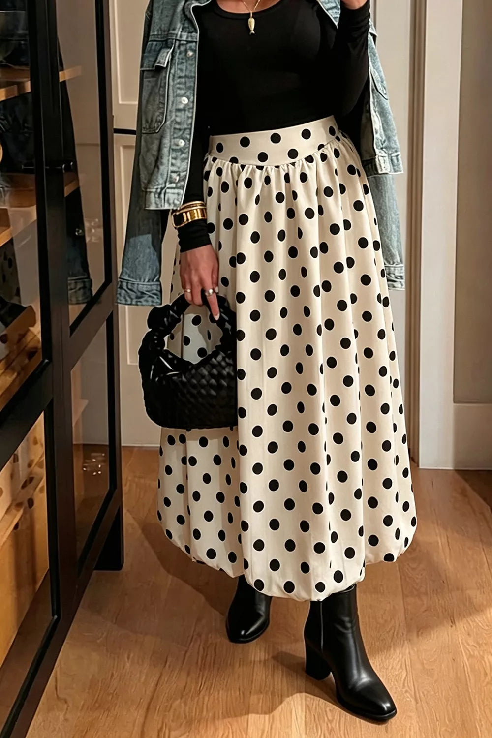 Polka Dot Bubble Hem Midi Skirt - All Colors - View 1