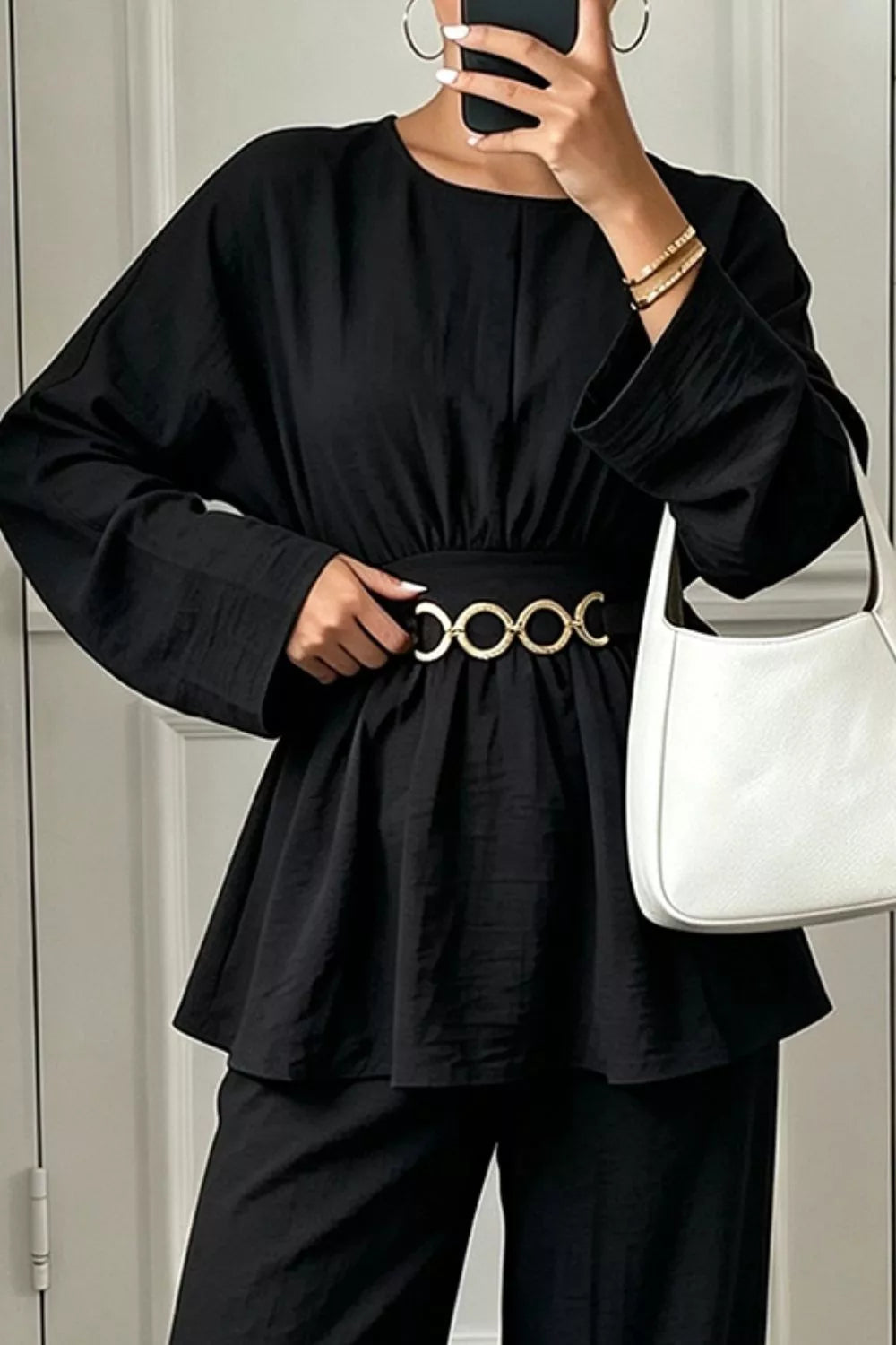 Metal Chain Waist Detail Top and Pants Set - Black - View 6