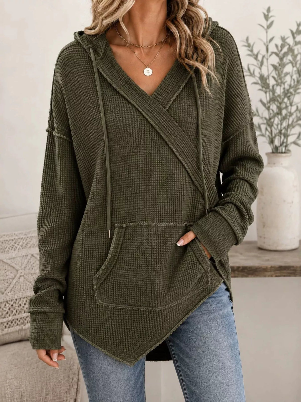 Drawstring Waffle Knit Hoodie - Moss - View 1