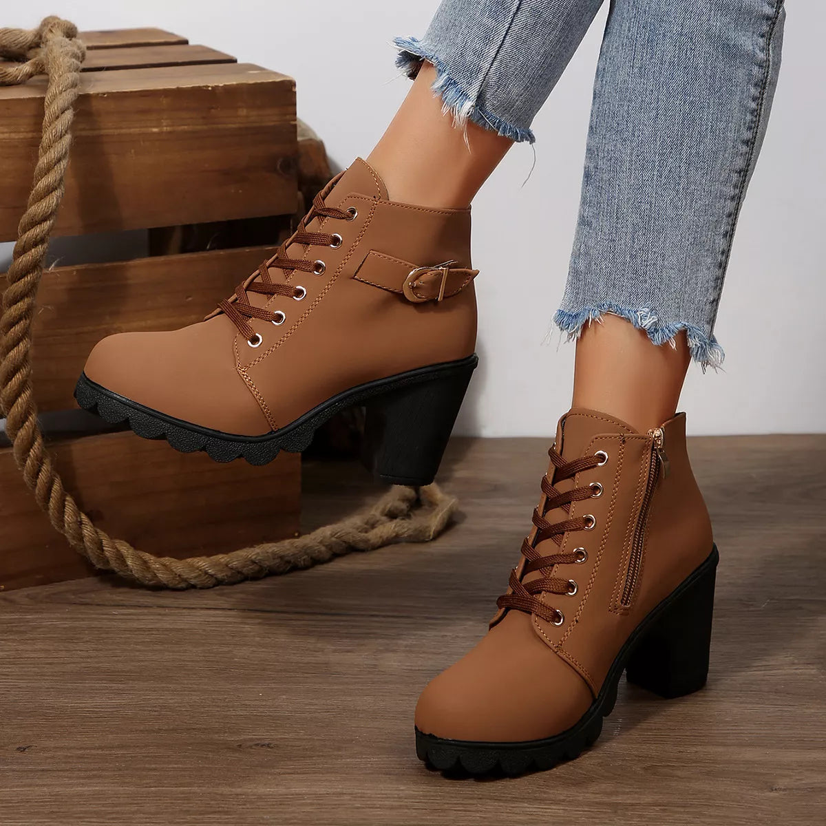 Lace Up Block Heels Boots - Brown - View 7