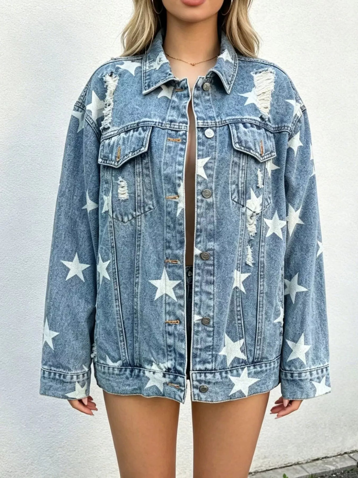 Star Print Distressed Oversized Denim Jacket - Light Blue - View 2