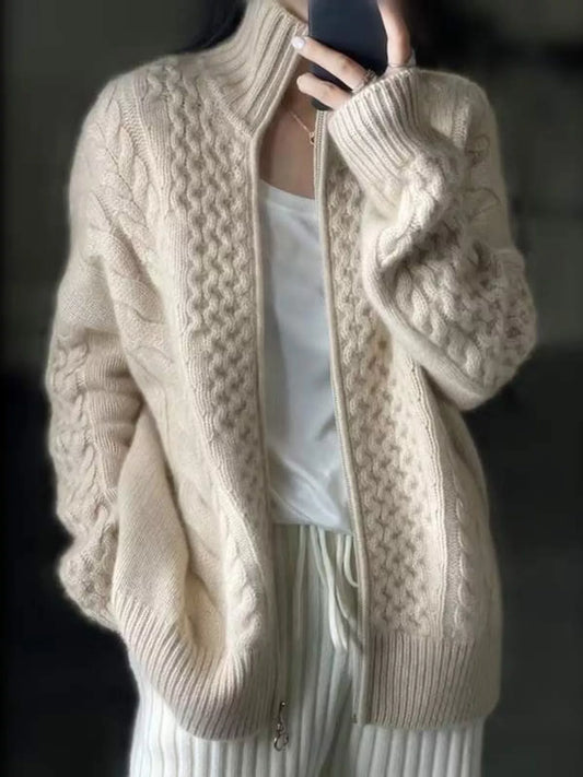 Full Size Cable-Knit Zip-Up Cardigan Plus Size - Light Camel - View 1