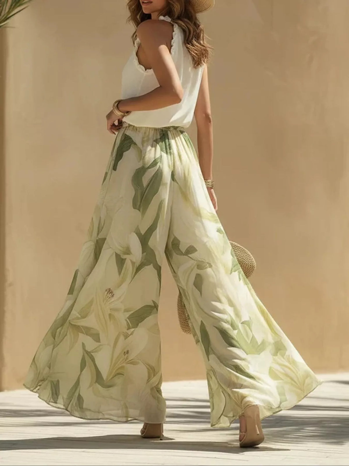 Frill Sleeveless Top and Wide-Leg Pants Two-Piece Set - Sage - View 3