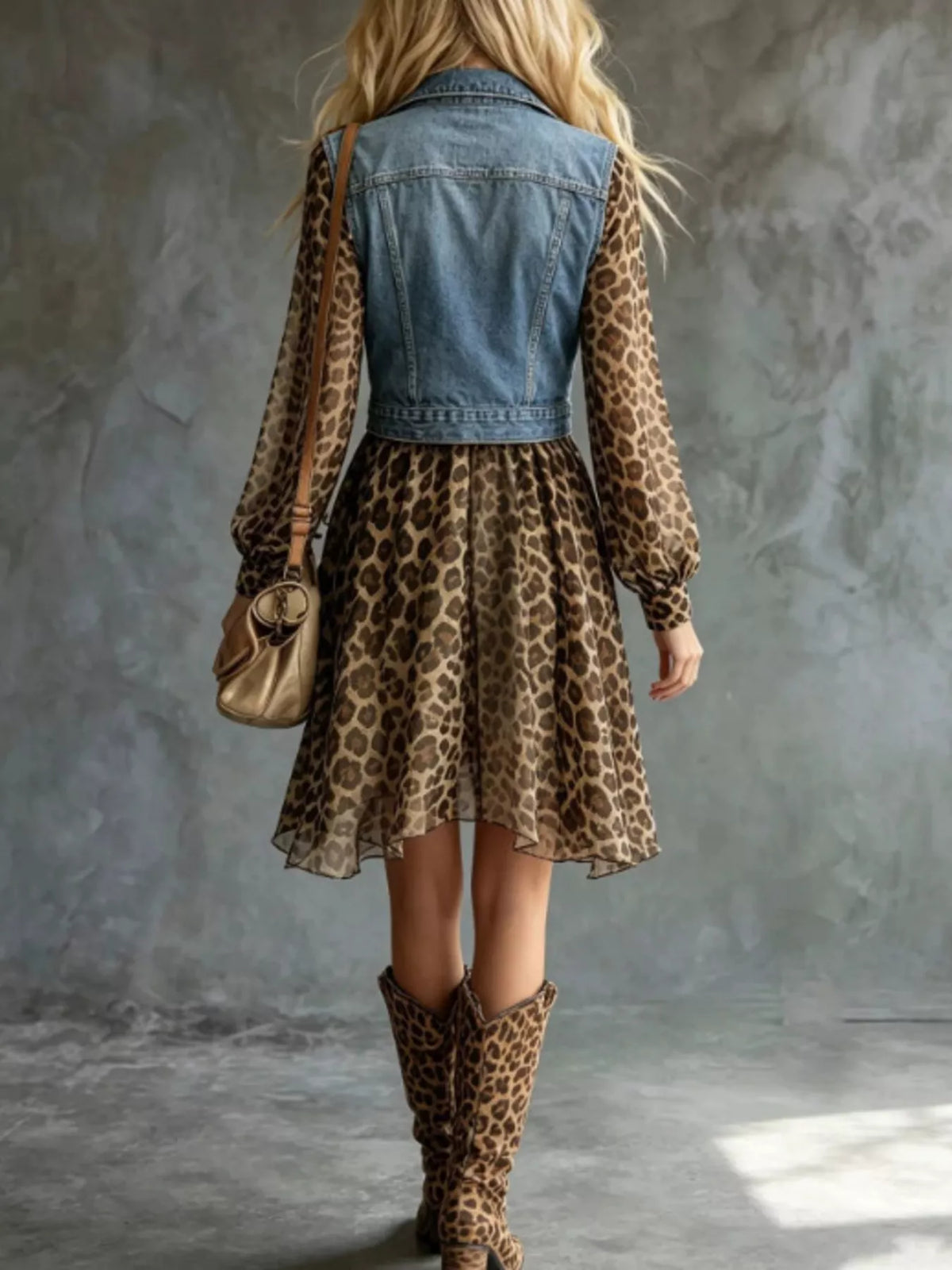 Full Size Denim Leopard Patchwork Mini Dress Plus Size - Dusty Blue - View 2