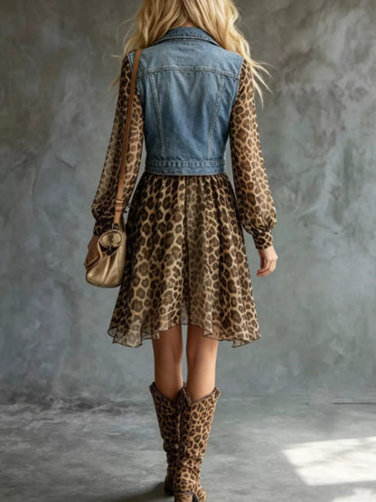 Full Size Denim Leopard Patchwork Mini Dress Plus Size - Dusty Blue - View 2