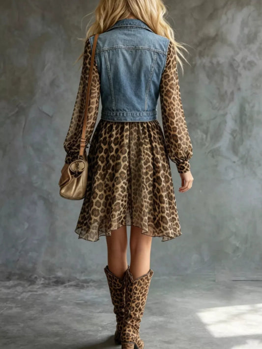 Full Size Denim Leopard Patchwork Mini Dress Plus Size - Dusty Blue - View 2
