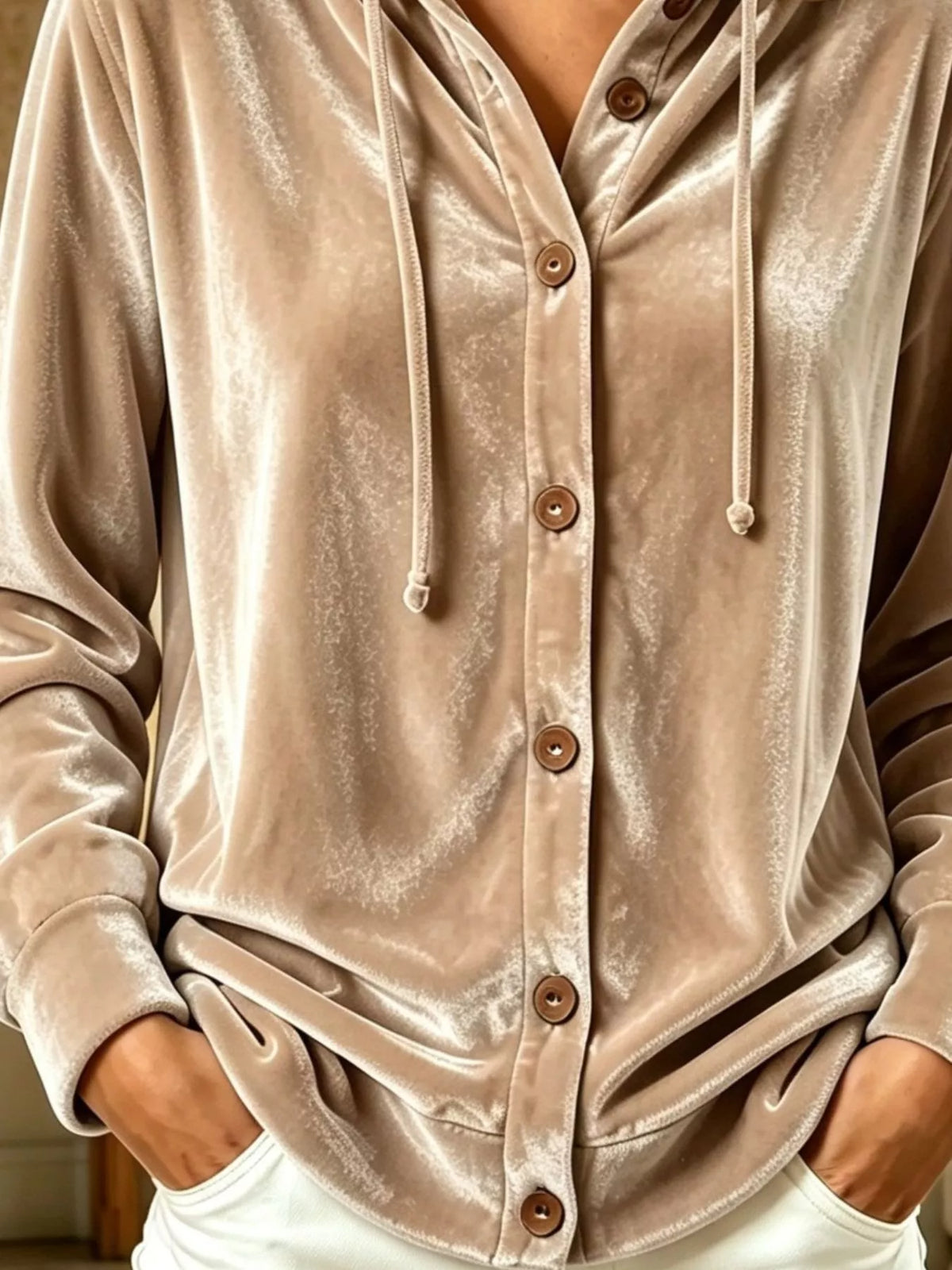 Full Size Velvet Button-Down Hooded Top Plus Size - Camel - View 3