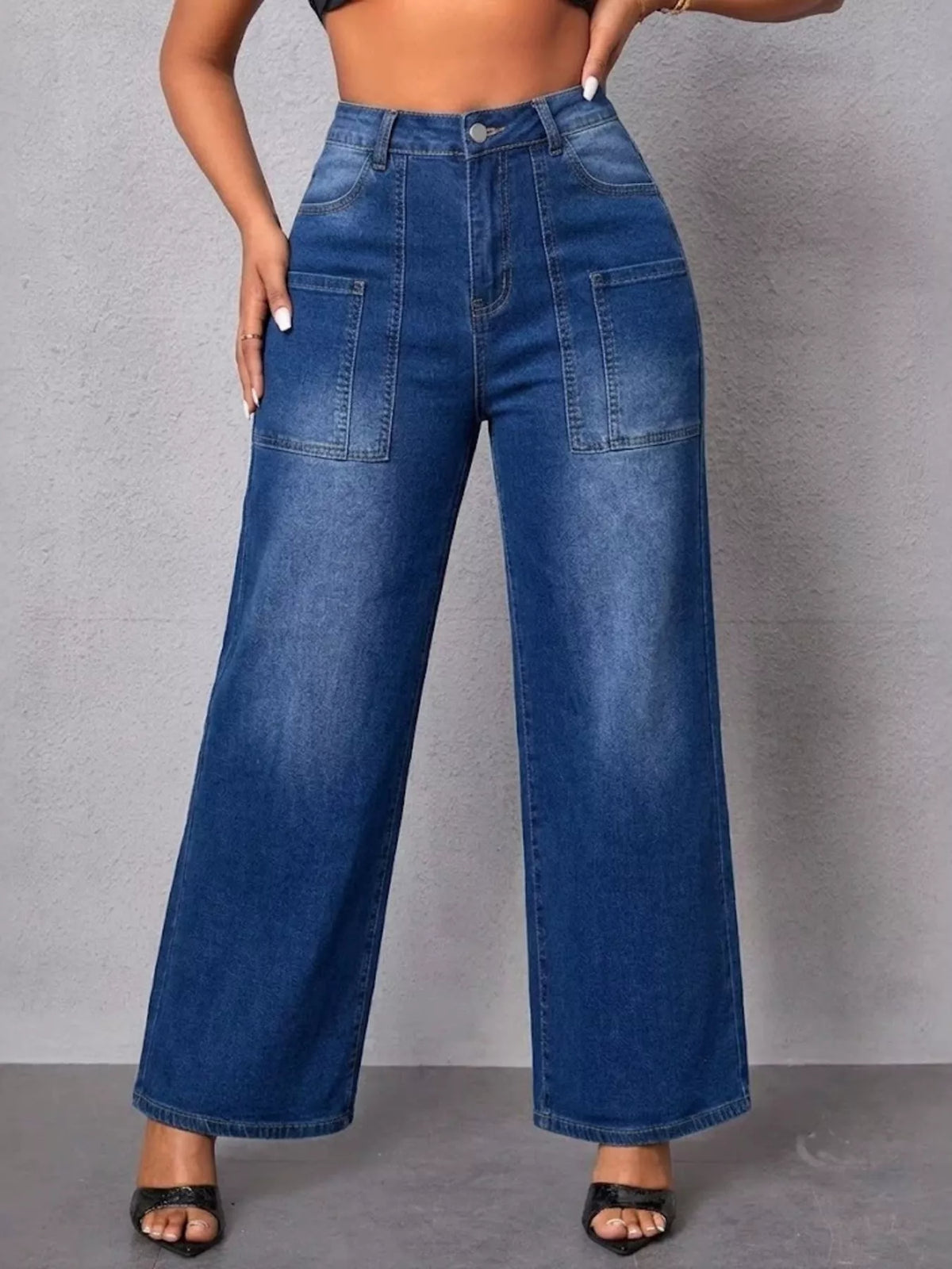High-Waisted Wide Leg Jeans - Peacock  Blue - View 5