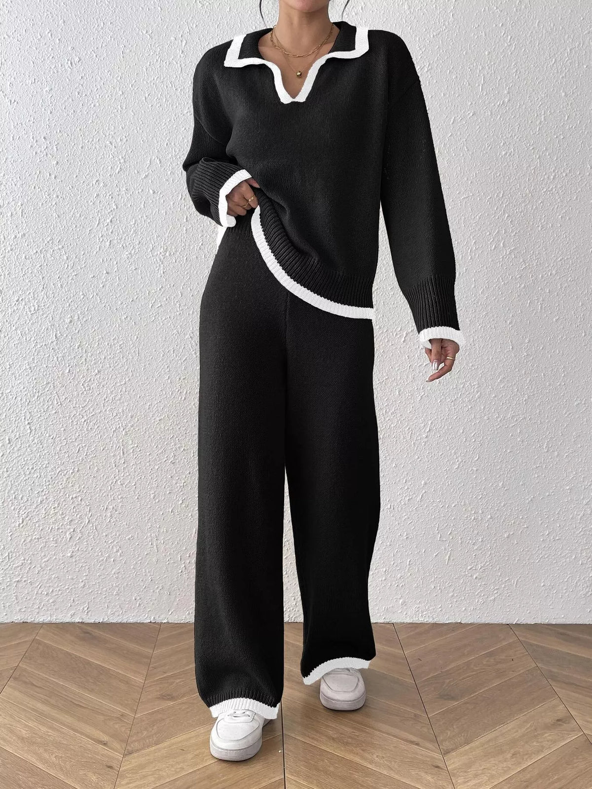Contrast Trim Polo Collar Top and Pants Sweater Set - Black - View 2