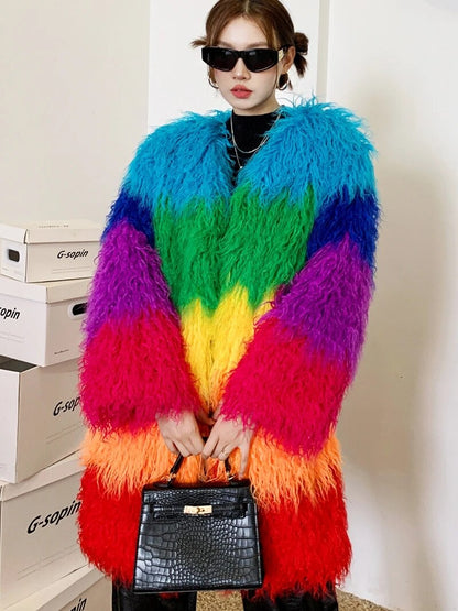 Niche Rainbow Winter Faux Fur Coat Loose Splicing Contrast Color Long Jacket Shaggy Outerwear Women's Clothing Free Shipping