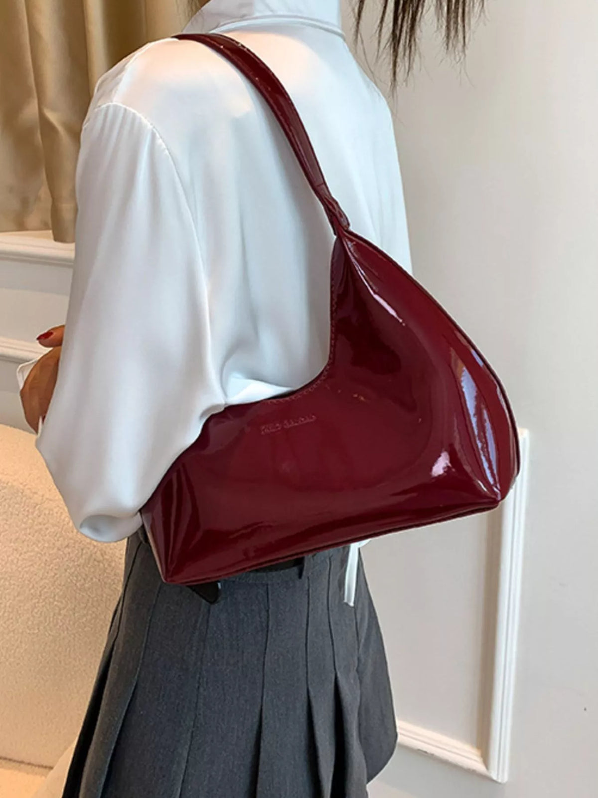 PU Leather Shoulder Bag - Wine Red - View 3