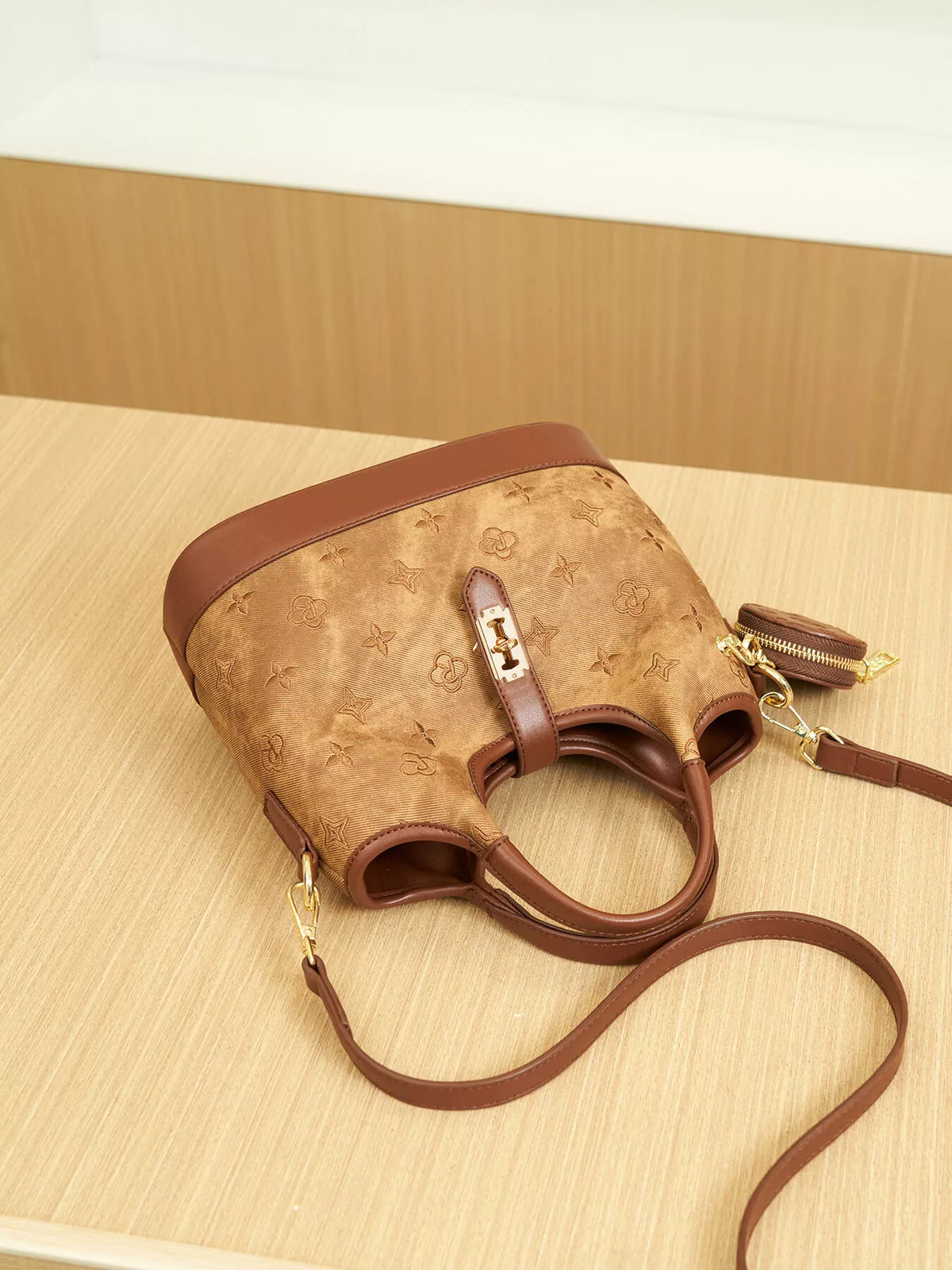Embossed Crossbody Bag with Detachable Coin Pouch - Brown - View 13