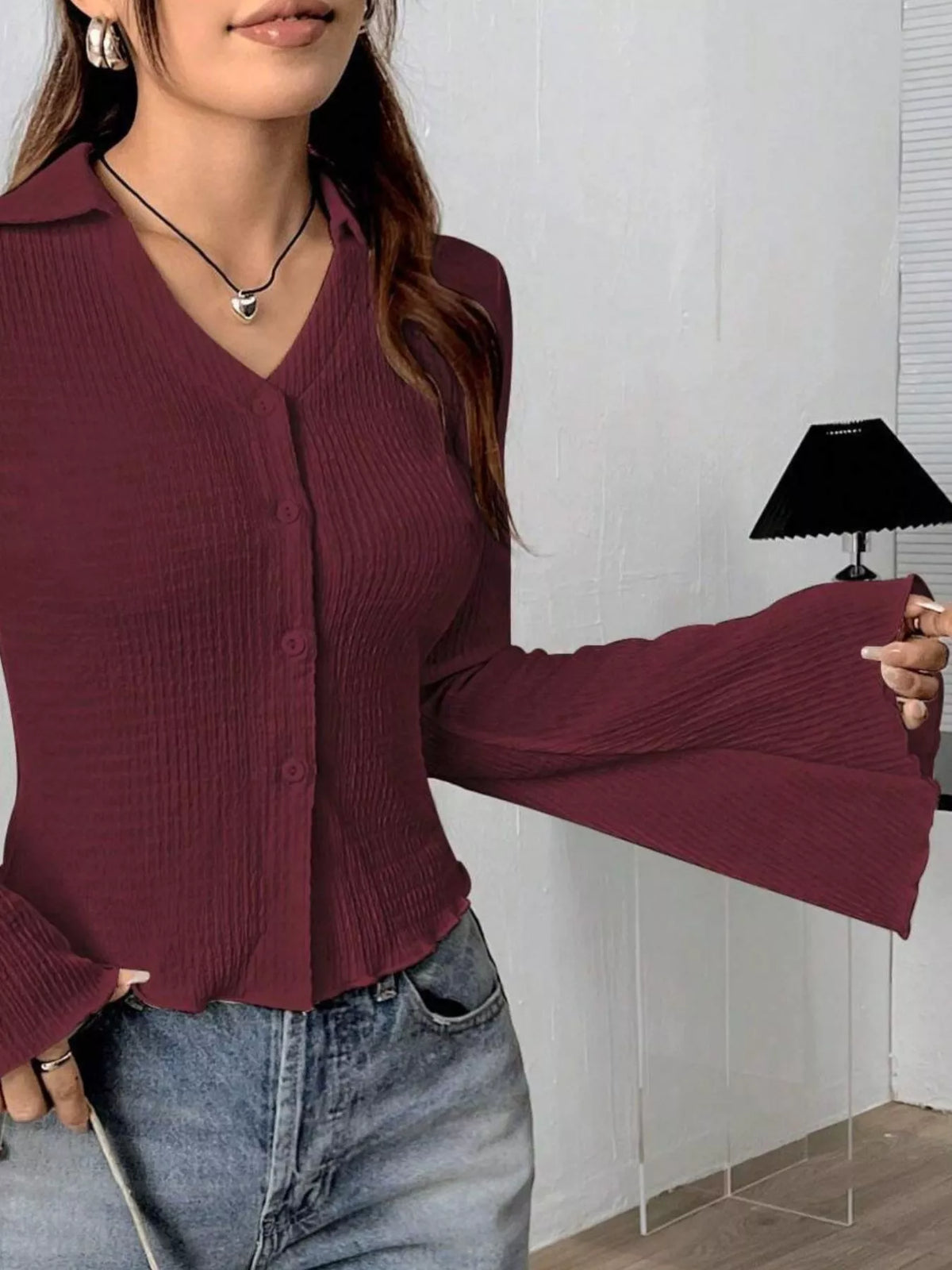Button Up Flare Sleeve Shirt - Burgundy - View 25