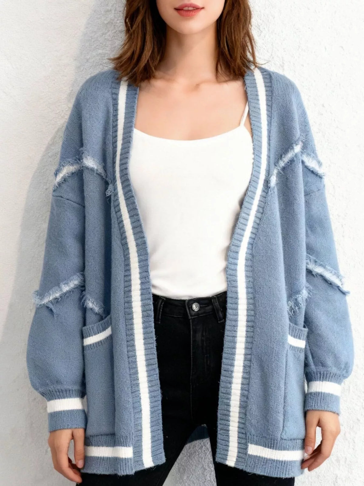 Frayed Hem Open Front Cardigan - Blue - View 1