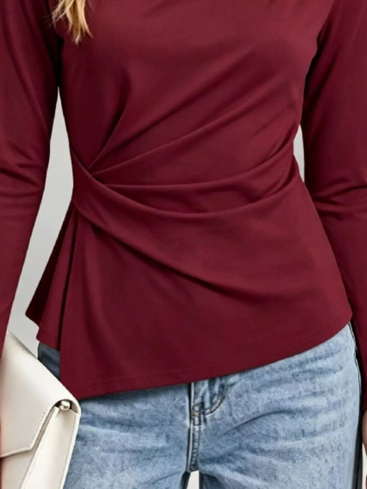 Ruched Waist Long Sleeve T-Shirt - Red - View 6