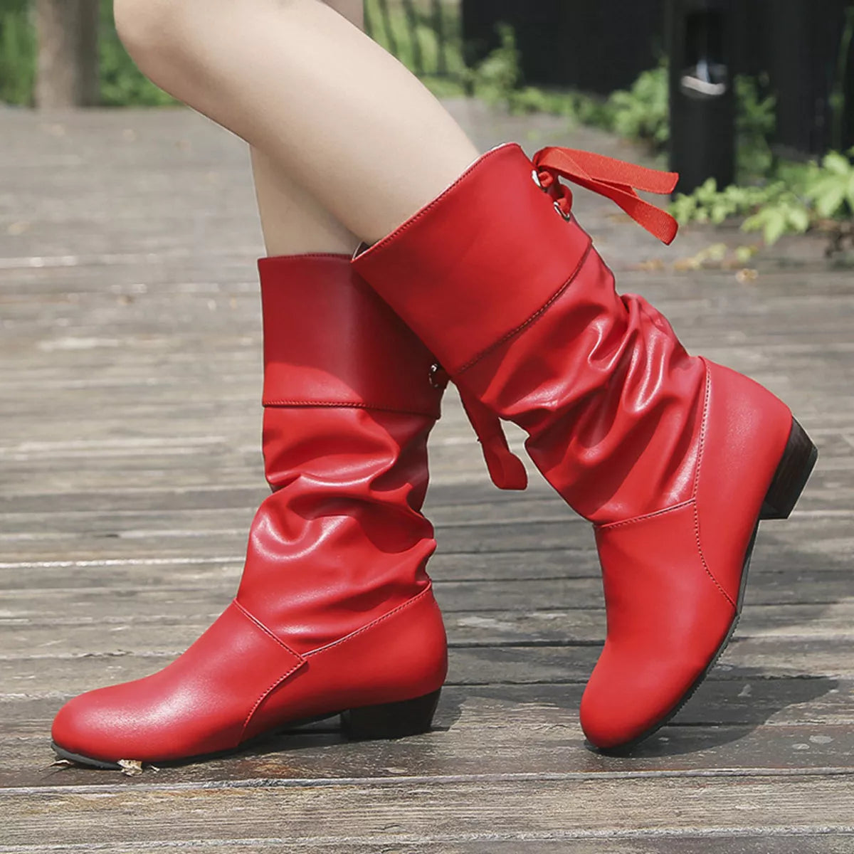 Round Toe Block Heels Boots - Red - View 7