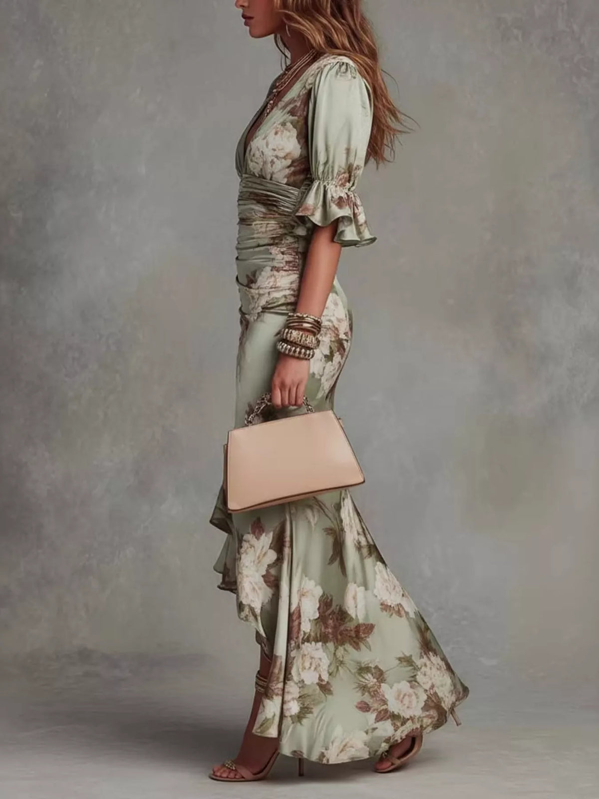 Floral Ruched High-Low Midi Dress - Sage - View 3