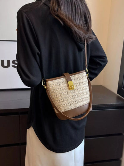 Woven Straw Bucket Crossbody Bag - Off-white - View 1