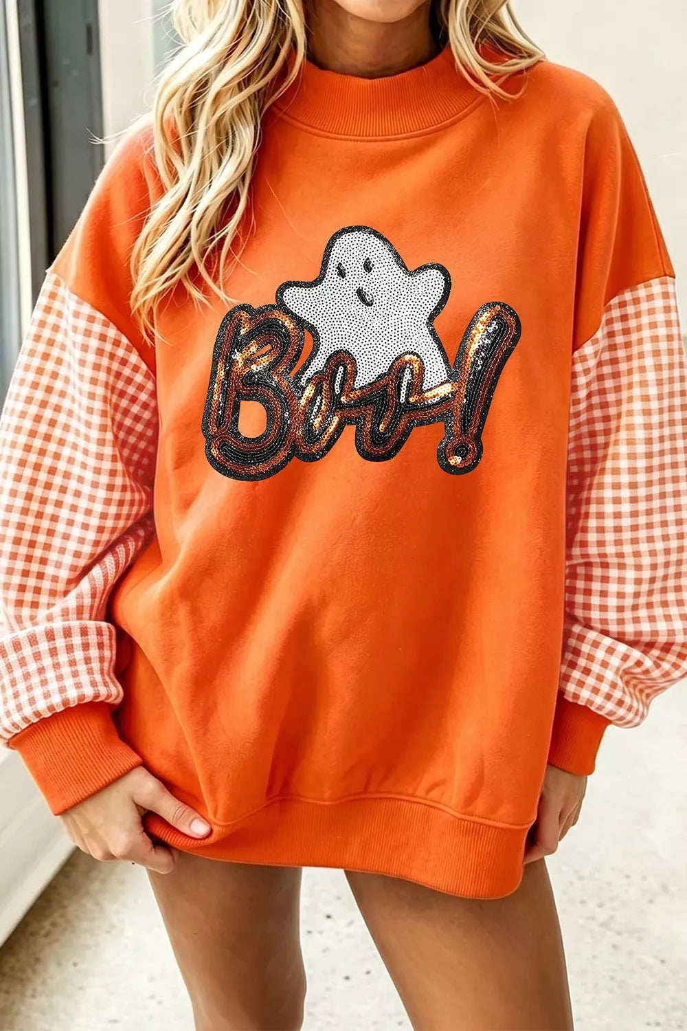 Boo Sequin Ghost Plaid Patchwork Sleeve Halloween Sweatshirt - Orange - View 1