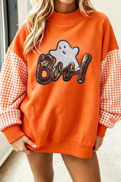 Boo Sequin Ghost Plaid Patchwork Sleeve Halloween Sweatshirt - Orange - View 1